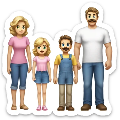 Father has brown hair with curled mustache and goatee, and a gray t-shirt with buttons. mother has brunette hair with pink highlights, cream-colored sundress with cherries on it. son has sandy blonde hair and blue super Mario t-shirt. sticker