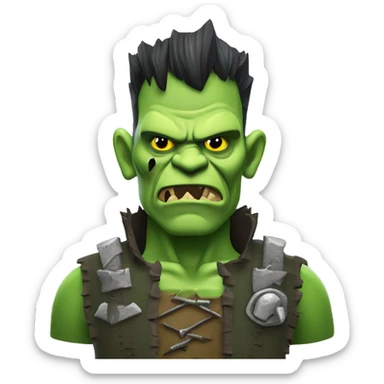 Orc Frankenstein with bolts in neck, stitched green skin, patchwork outfit, Halloween theme, emoji sticker