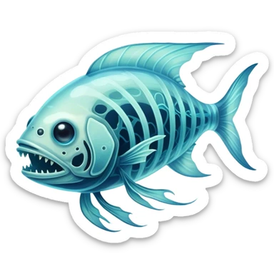 B ioluminescent Deep-Sea Phantom – A ghostly fish creature with translucent skin, eerie glowing patterns, and a skeletal grin sticker