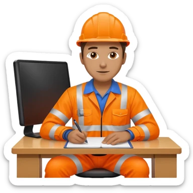 man in orange high visibility workwear seated at a desk sticker