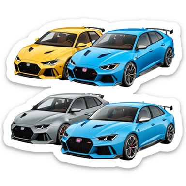 three cars lineup fromt profile forming a semi circle with a lamboghini svj an bmw m140i and a audi ra6 sticker