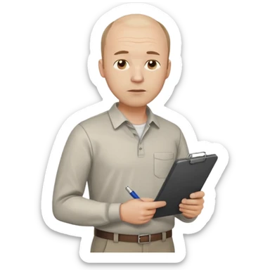 man mid 30's tired shirt and trousers balding hairline standing holding a clipboard sticker