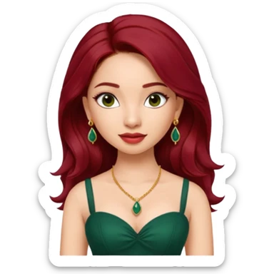 pretty bratz genmoji that looks like tamannah bhatia (bollywood actress), wearing a dark green sweetheart neckline top, dark red hair, light makeup, no necklace, dangly earrings, side hair part sticker