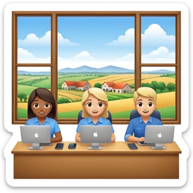 Employees of a startup company working on their computers while looking out the window at the rural landscape.  sticker