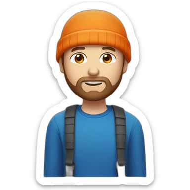 white guy with short brown beard, blue eyes and an orange beanie sticker