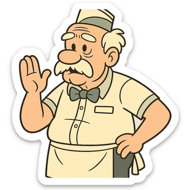Pops from Johnny Bravo, older man with white hair and mustache, wearing a diner uniform, cartoon style sticker