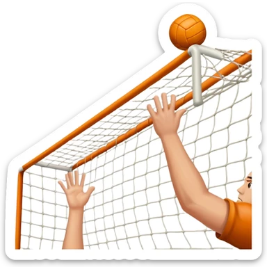 A close-up of a hand gripping a handball, with the goalposts visible in the background. The focus is on the texture of the ball and the strength of the grip, with the goal net slightly blurred to emphasize the anticipation of the throw. sticker