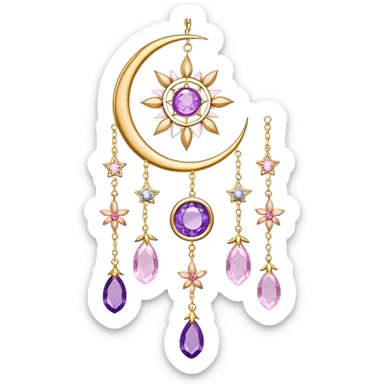 Epic Hanging gold suncatcher, threads with shiny sparkly amethyst and rose-quartz gemstones, flowers, moons, stars, leaves, petals sticker