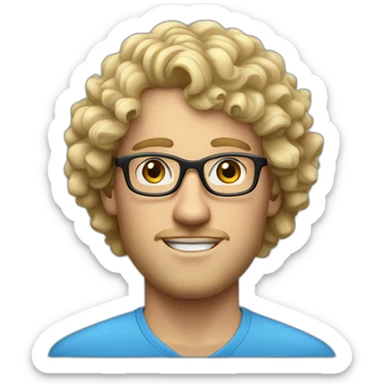Portrait of blond man with curly hair and blue eyes with glasses and a shirt sticker