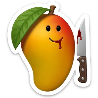 a mango with a smiley face and a bloody knife sticker