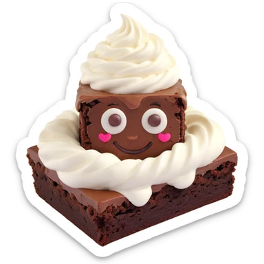 3D chocolate brownie with a smiley face, realistic depth, with a swirl of whipped cream on top, emoji style sticker