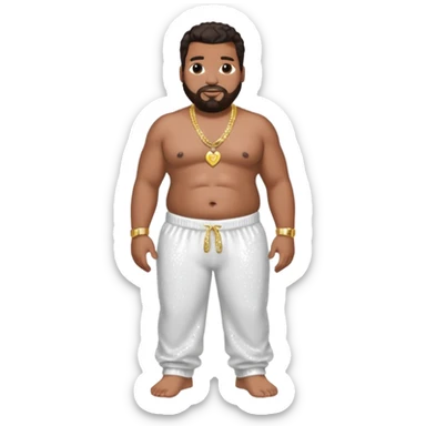Fatman Scoop with dark brown hair, white sequin baggy pants, shirtless with necklace sticker