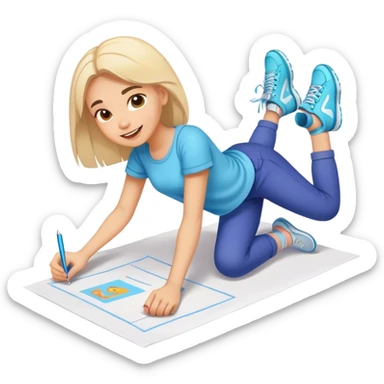 cheerful girl with sneakers draws on a sheet of paper on the ground sticker