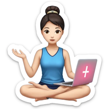 emoji of an asian woman with a single bun sitting cross legged with dna levitating above one hand and a laptop above the other hand sticker