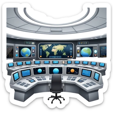 space mission command center with large screens showing spacecraft and planetary data sticker