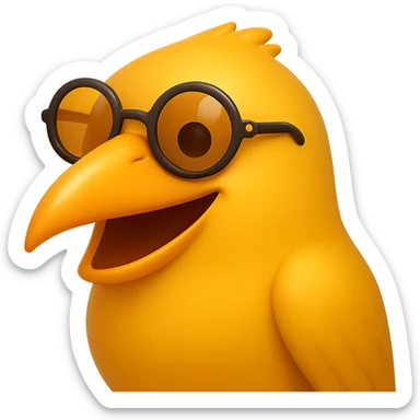 Make the bird emoji more emoji-like but keep the detailed, slightly cartoonish style of the reference. Smooth out the feather texture just a bit, add a subtle emoji shine, and keep the orange beak and round sunglasses. Bird with a big smile. No background. sticker