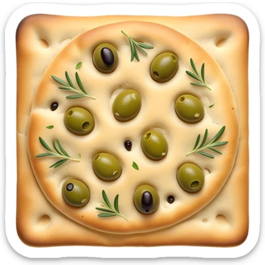 cinematic-realistic-focaccia-bread-dish-emoji,-depicted-as-a-golden,-olive-oil-brushed-flatbread-sprinkled-with-herbs-rendered-with-lifelike-texture-and-soft,-appetizing-lighting showing olives on top  sticker