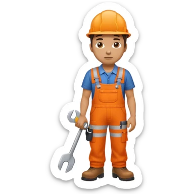 railway engineer, looking tired in orange overalls, boots, holding a spanner emoji sticker