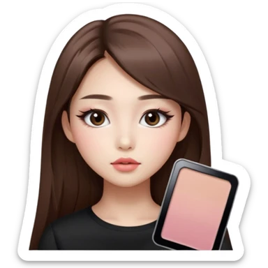 “korean straight long brown hair Emoji girl, soft eyeliner and blush, gradient lips, light brown shimmer eyeshadow sticker