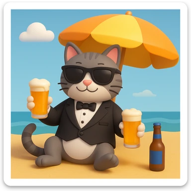 Add sunglasses to the cat in a tuxedo drinking beer on the beach in 3D emoji style, microsoft style 3d fluent emoji look with smooth shading and depth. sticker