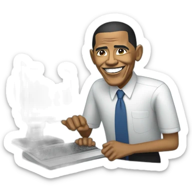 barack obama in front of a computer sticker