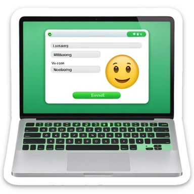 A emoji-style illustration of a laptop front facing with its screen showing onboarding form. On the screen, display a small white form card with a few input fields no labels. Add a bright green button at the bottom of the card no label. fix the keyboard letters. sticker