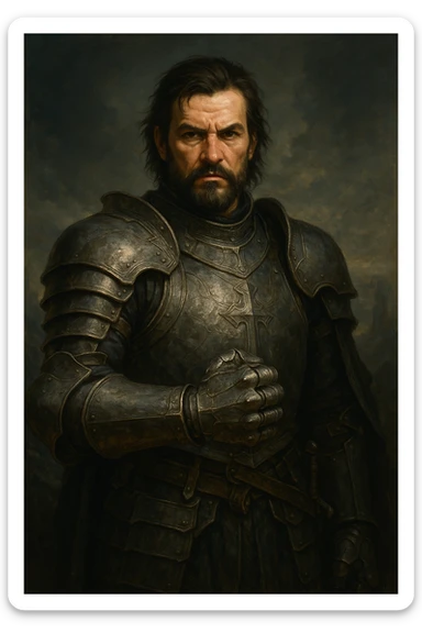 Alexandr Iron Fist, medieval knight with a metal gauntlet, powerful and stoic, fantasy art sticker