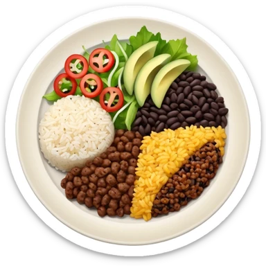 Food plate with rice, black bean, minced meat and salad sticker