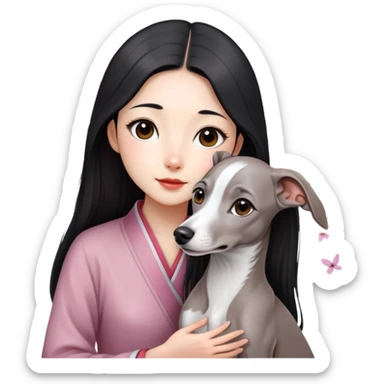 A young Chinese girl with long black hair and a pure grey Italian Greyhound with no white markings sitting under a cherry blossom tree sticker