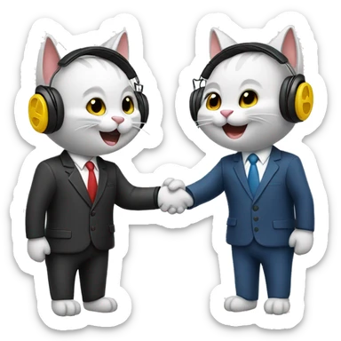Two different color, happy cats, shaking hands in suits with headphones on.   sticker