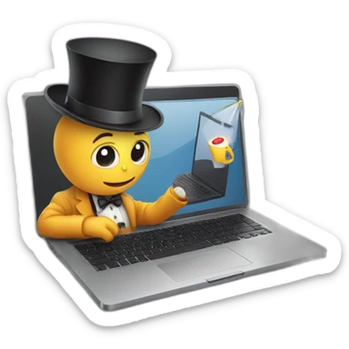magician programming a laptop with an emoji of a truck on the laptop screen sticker