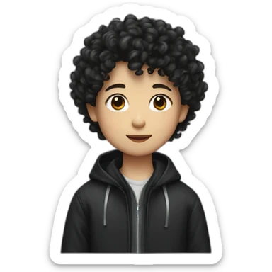 A Chinese boy with naturally curly hair wearing a black oversize jacket sticker