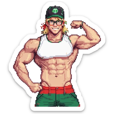 Man with black and white cap that says VANOMAS, bare muscular torso, red shorts, clear glasses, messy blond mullet hairstyle, flexing muscles and smiling sticker