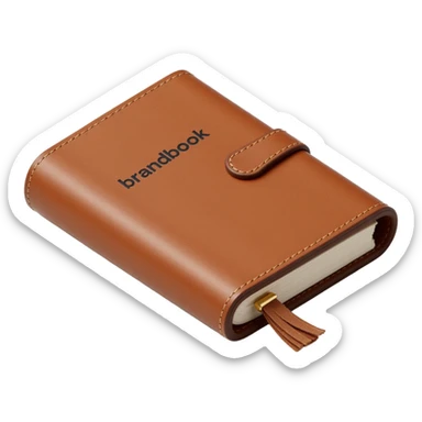 leather-bound notebook with stitching and 'brandbook' in bold written on it, skeuomorphism icon style sticker