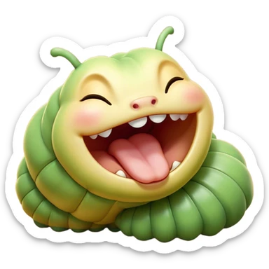 Cinematic Adorable Yawning Caterpillar Portrait Emoji, Head tilted slightly with a dramatic, wide-open yawn, showcasing a plump, segmented body with softly drooping edges and sleepy, half-closed eyes, Simplified yet irresistibly cute features, highly detailed, glowing with a soft, cozy natural glow, high shine, relaxed yet expressive, stylized with a dash of whimsical transformation charm, soft glowing outline, capturing the essence of a drowsy caterpillar that appears ready to stretch and yawn its way out of the screen! sticker