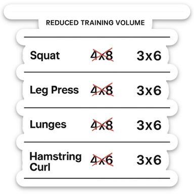 scheda di allenamento gambe con volume di allenamento ridotto (fai alcuni esercizi con 4x8 scritti in precedenza sbarrati in rosso e la correzione accanto tipo 3x6), scrivila al meglio che puoi sticker