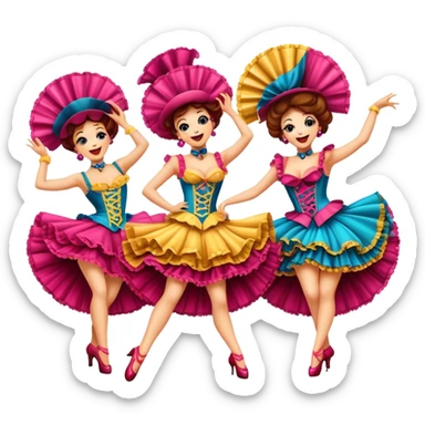 Cinematic Realistic Can-can Dance Emoji, depicted as a lively cabaret dance scene with flouncy costumes and dynamic energetic movement, rendered with vibrant textures and playful theatrical lighting that captures the spirit of French cabaret. sticker