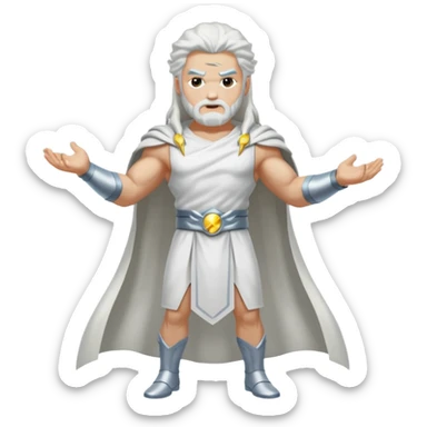 Zeus, whole body, white clothes, long white  hair, lightnings, determined face sticker