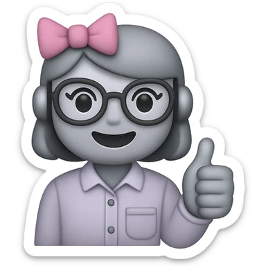 Make the recruiter robot emoji even cuter and more feminine with different hairstyles and accessories like bows or glasses. Style should be apple style, flat, and metallic. The robot is giving a thumbs up, dressed in business casual. Transparent background. sticker