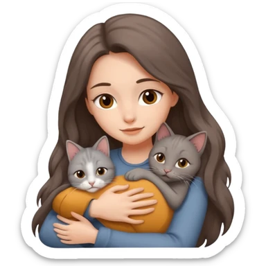 woman hug with gray cat, brown long hair sticker