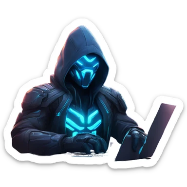 developer behind his laptop with this style : crysis Cyberpunk Riot Games Valorant neon glowing bright blue character blue black hooded assassin themed character sticker