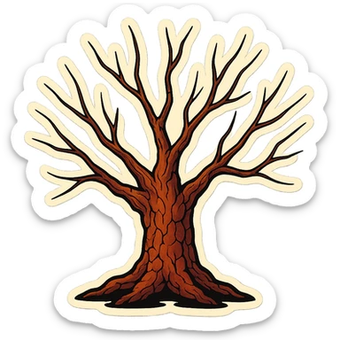 old tree with thin long branches, brown-red cracked bark, sharp black outlines, clear shadows and highlights, retro stickers style, no gradients sticker