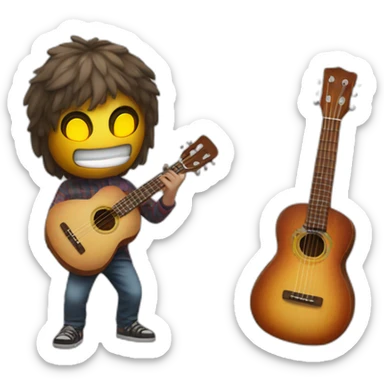 A guy with a ukelele and a led mask with 2 eyes sticker