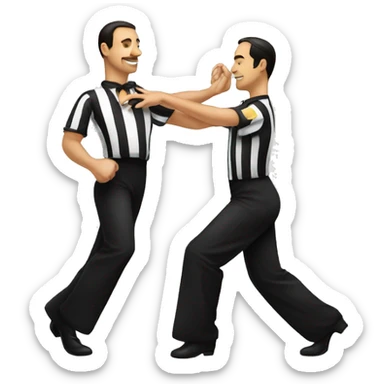 Tango dancers in a tango pose, the man is wearing a referee outfit sticker
