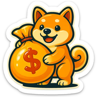 Make the bag of money much bigger while keeping the Shiba Inu and the retro stickers style the same, with no background. sticker