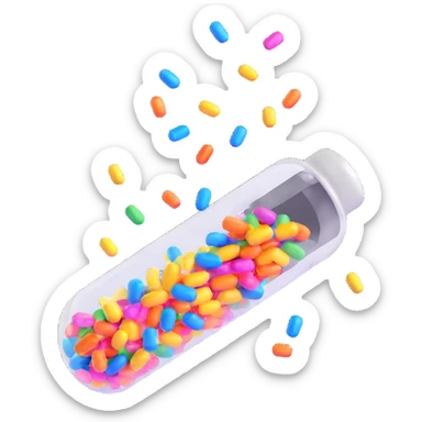 Playful 3D-rendered medical capsule orange and blue split open with shiny multicolored confetti bursting out like a celebration, glossy floating capsule, dynamic suspended confetti, high-quality 3D style sticker