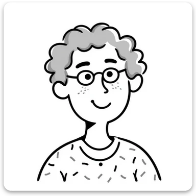 sketch of a smiling elderly Caucasian woman, grey curly hair, glasses sticker
