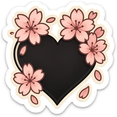 goth sakura heart, black heart with pink cherry blossom petals, cute and dramatic sticker