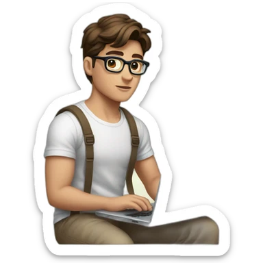 front view of young clark kent wearing white t-shirt using a laptop sticker