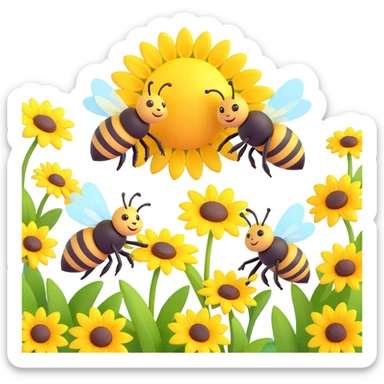 Two bees flying over yellow flowers with a sun in the background, vibrant yellow flowers and bright sun, black and yellow bees. sticker